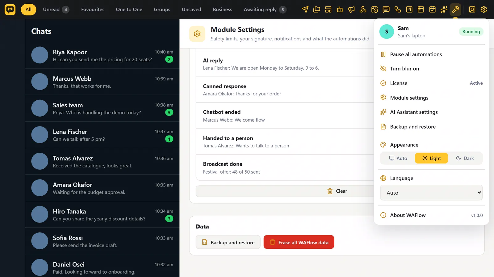 WAFlow in the light theme