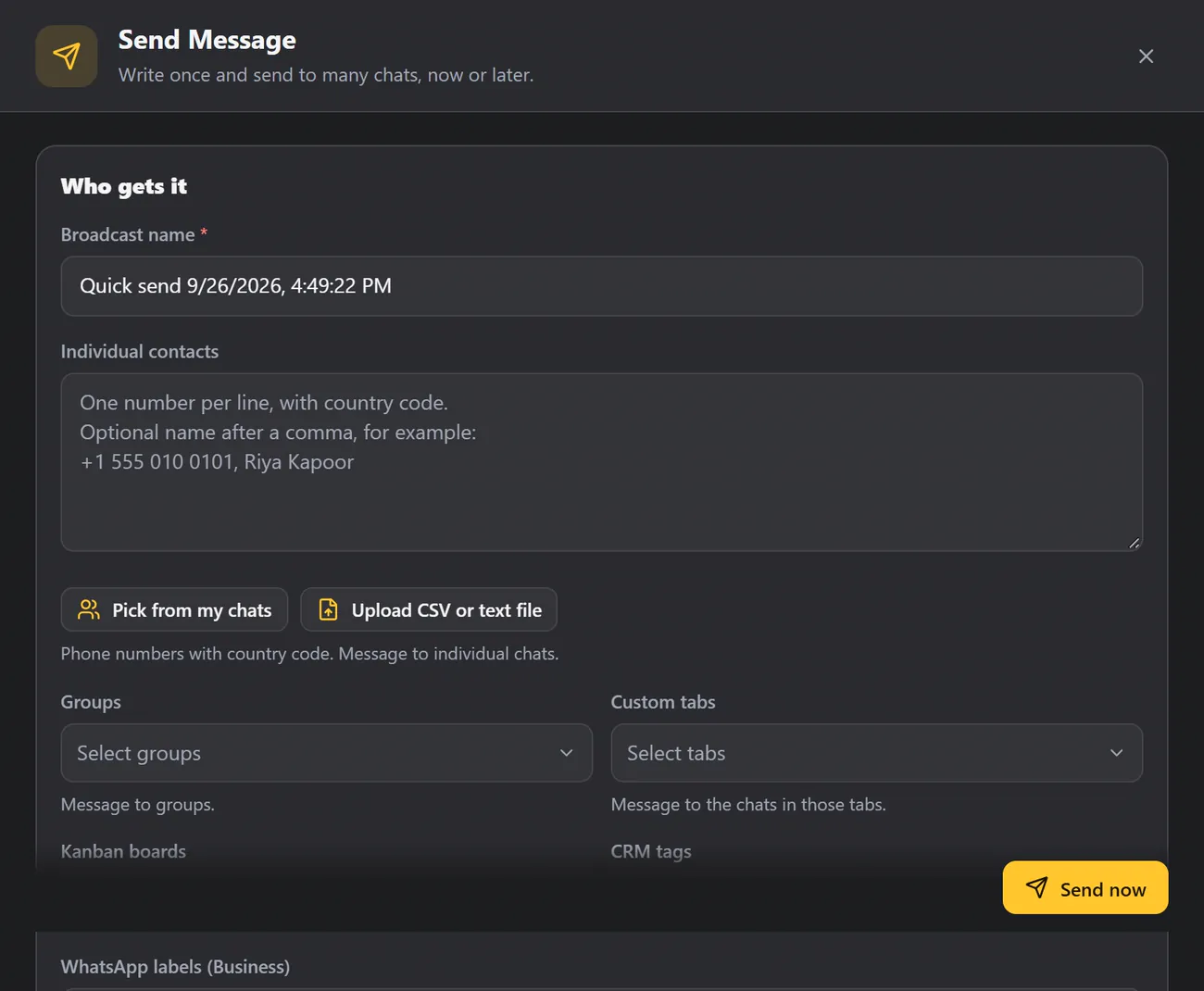 The Send Message panel, with the three parts: Who gets it, Your message and When to send