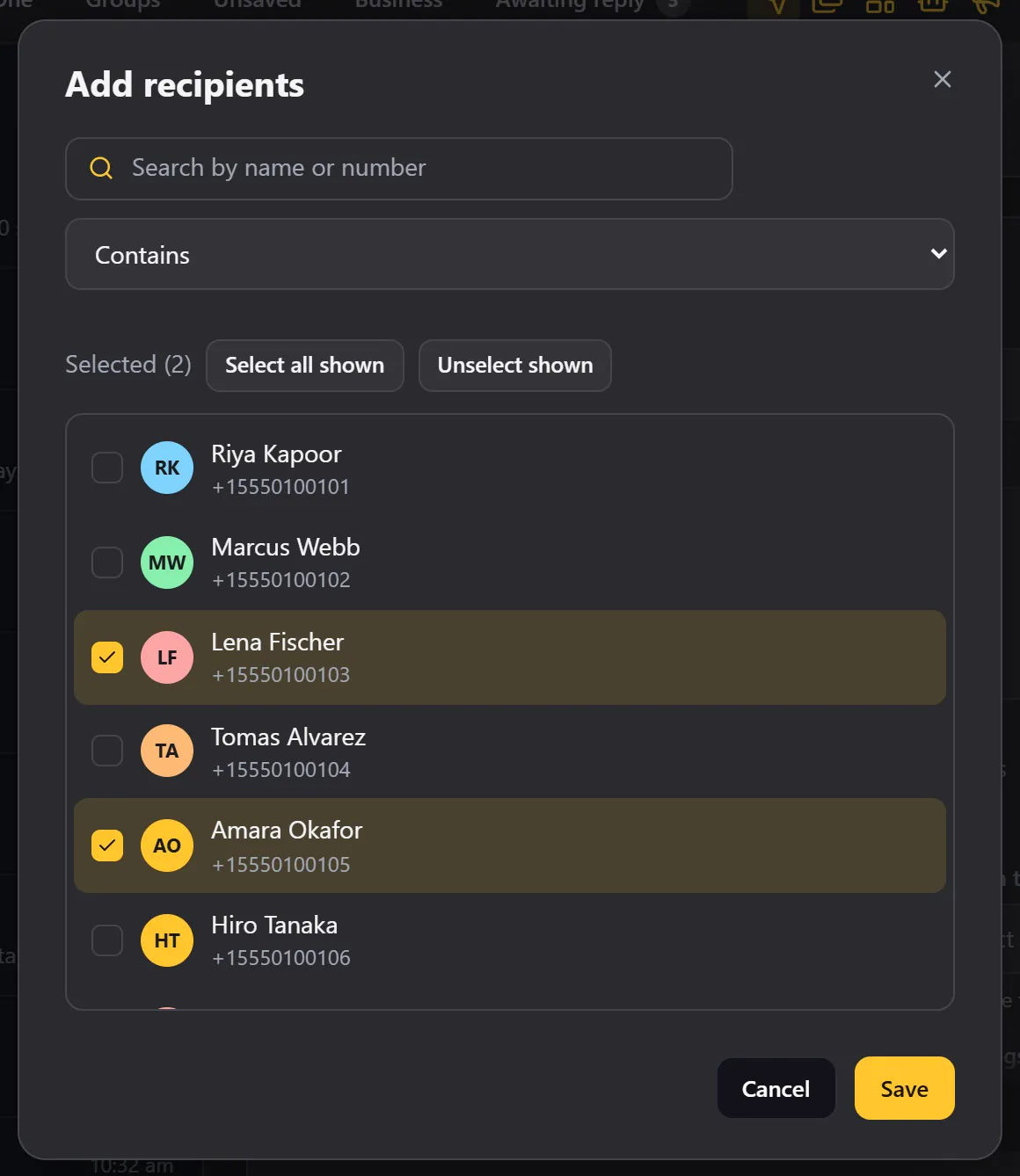 The chat picker with two people ticked