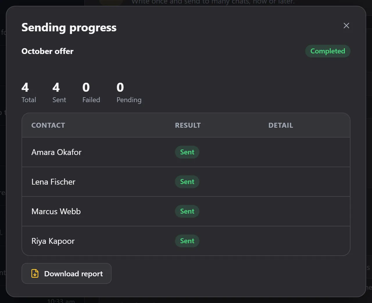 The finished send, with the report button