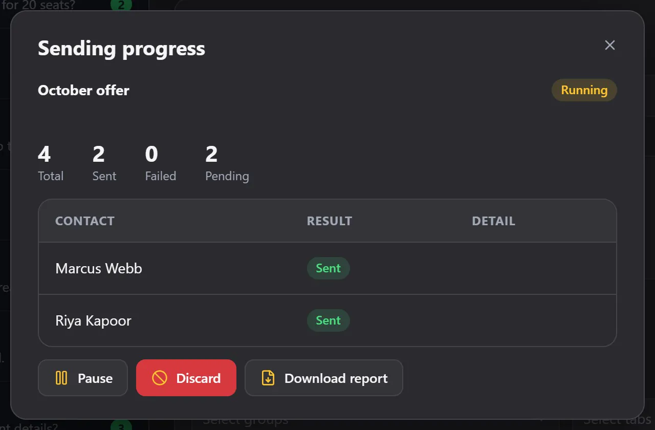 The progress window while sending