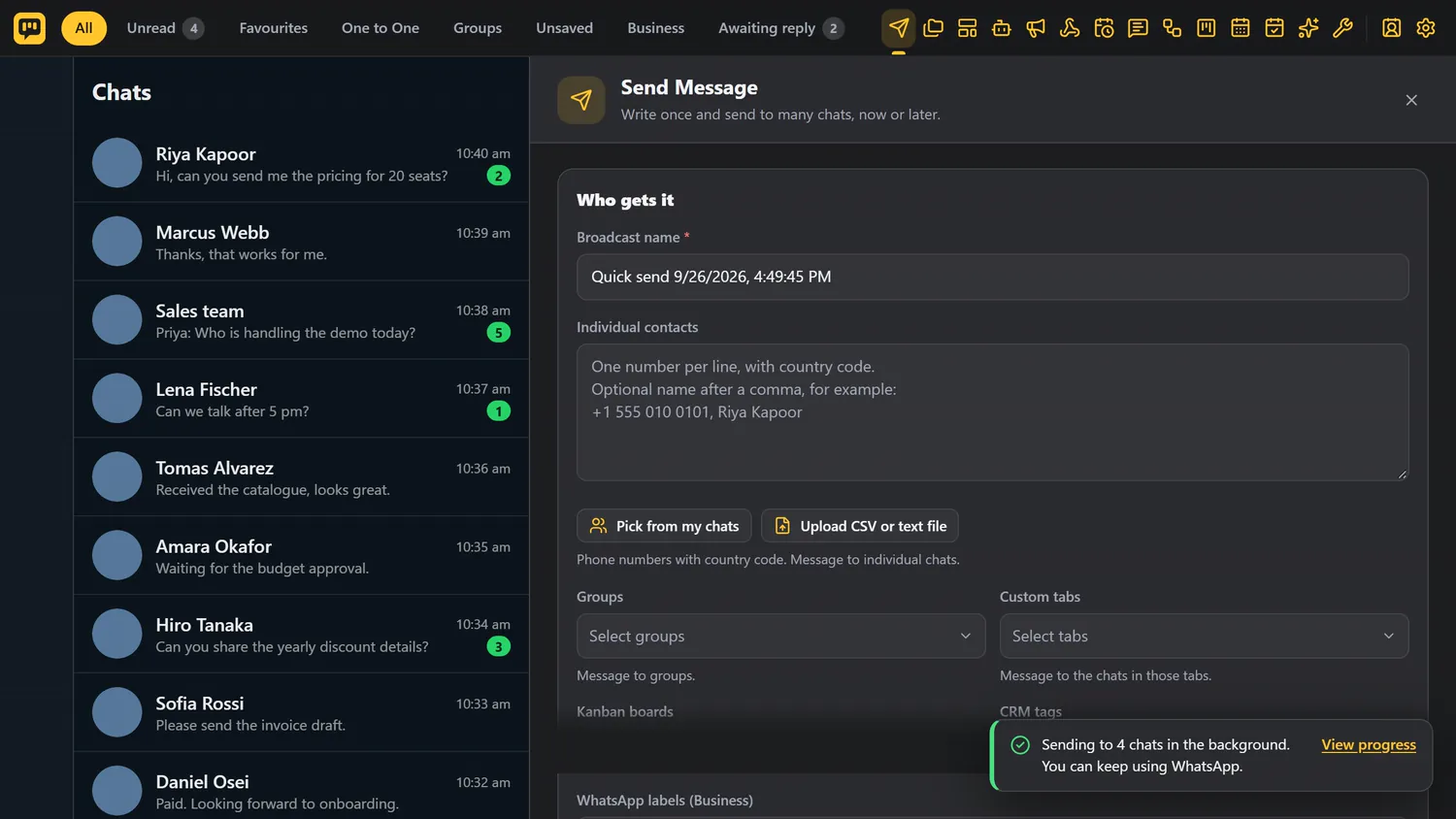 Sending has started, and a link to the progress