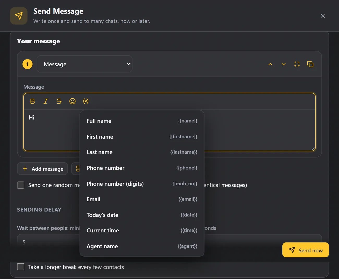 The variable menu, listing every variable you can insert