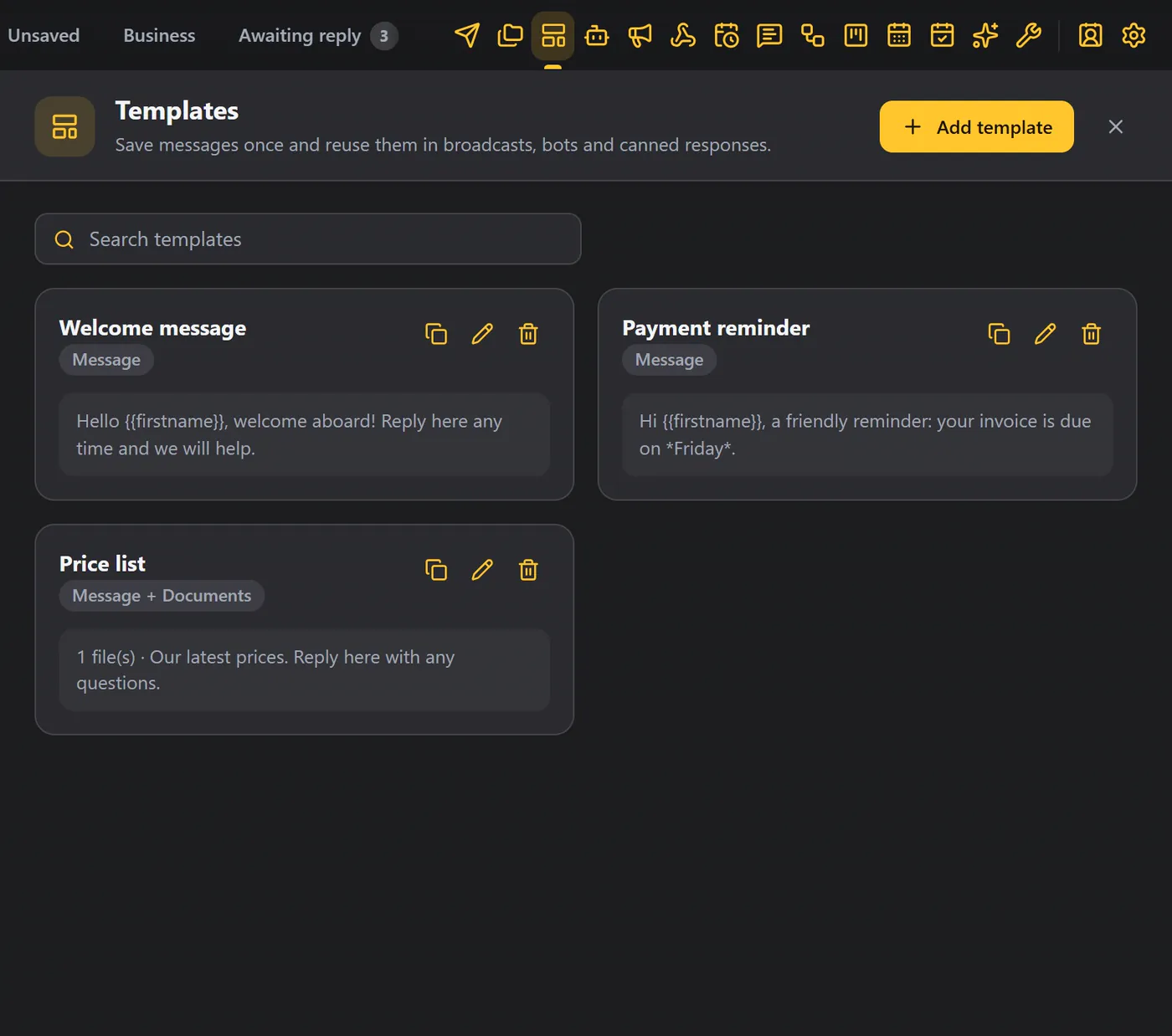 Templates as cards, each with its name, type and a preview