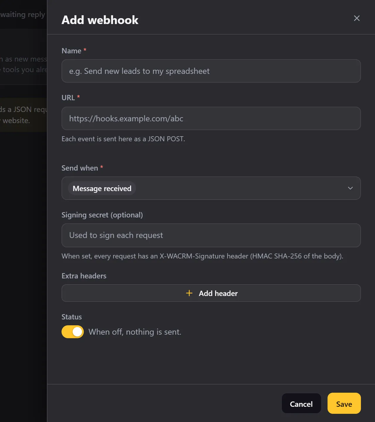 The webhook editor: a name, the address, the events, an optional secret and headers