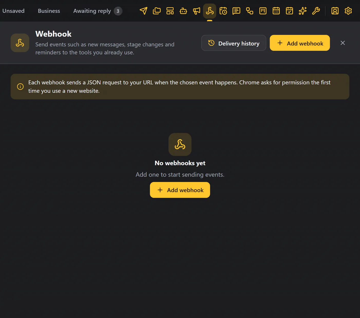 The Webhook panel, with a one-line banner that explains it