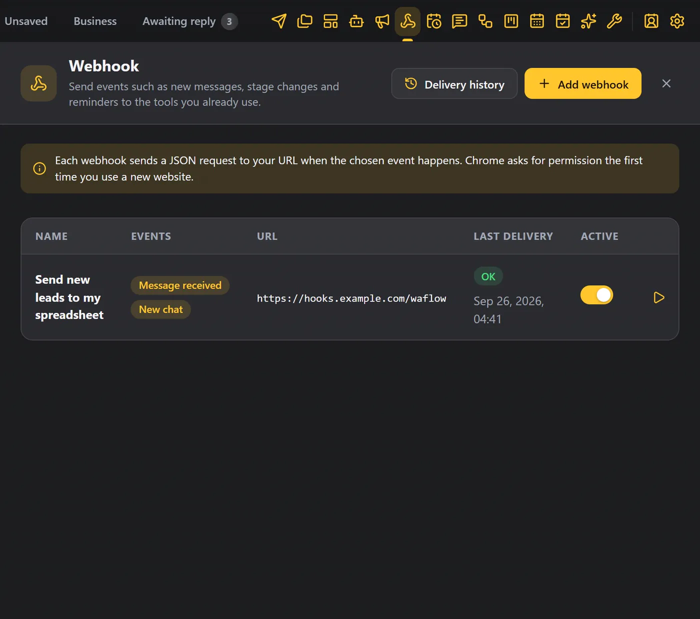 A webhook in the table: last delivery OK